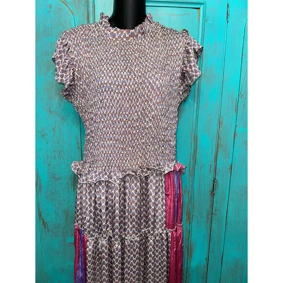 PERRY WALKER COLLECTIVE SILK BLEND INDIA BLOCK PRINT PATCHWORK BOHO MAXIDRESS 3 - Picture 3 of 11